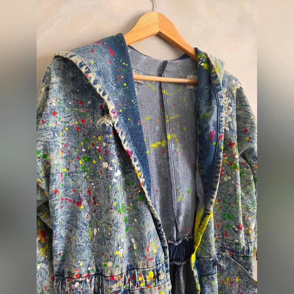 Aphrodite Acid Wash Denim Paint Splatter Open Frnt Long Jacket L Distress Hood - Picture 11 of 14